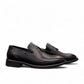 Sun Arad black leather slip-on shoes with woven texture detail and durable rubber outsole. Photo of side views.