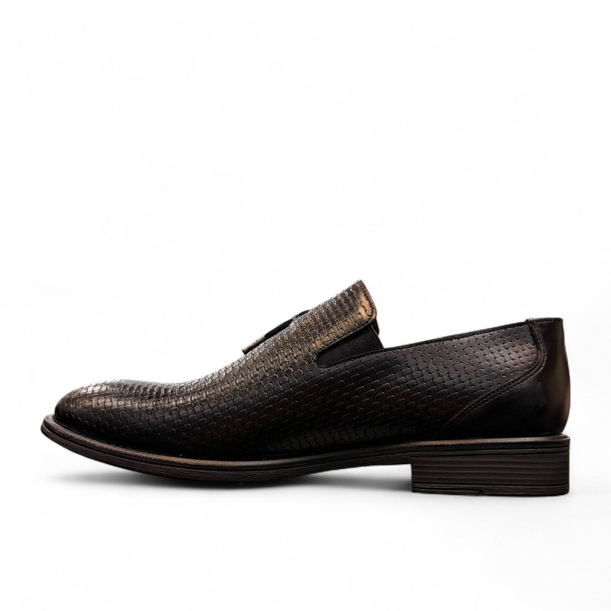 Sun Arad black leather slip-on shoes with woven texture detail and durable rubber outsole. Photo of right side view.