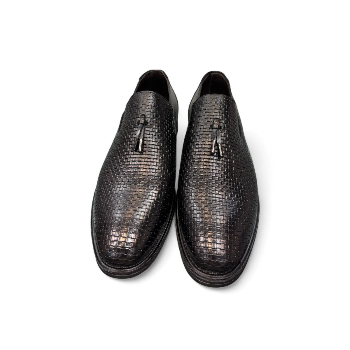 Sun Arad black leather slip-on shoes with woven texture detail and durable rubber outsole. Photo of front view.