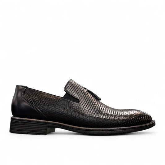 Sun Arad black leather slip-on shoes with woven texture detail and durable rubber outsole. Photo of left side view.