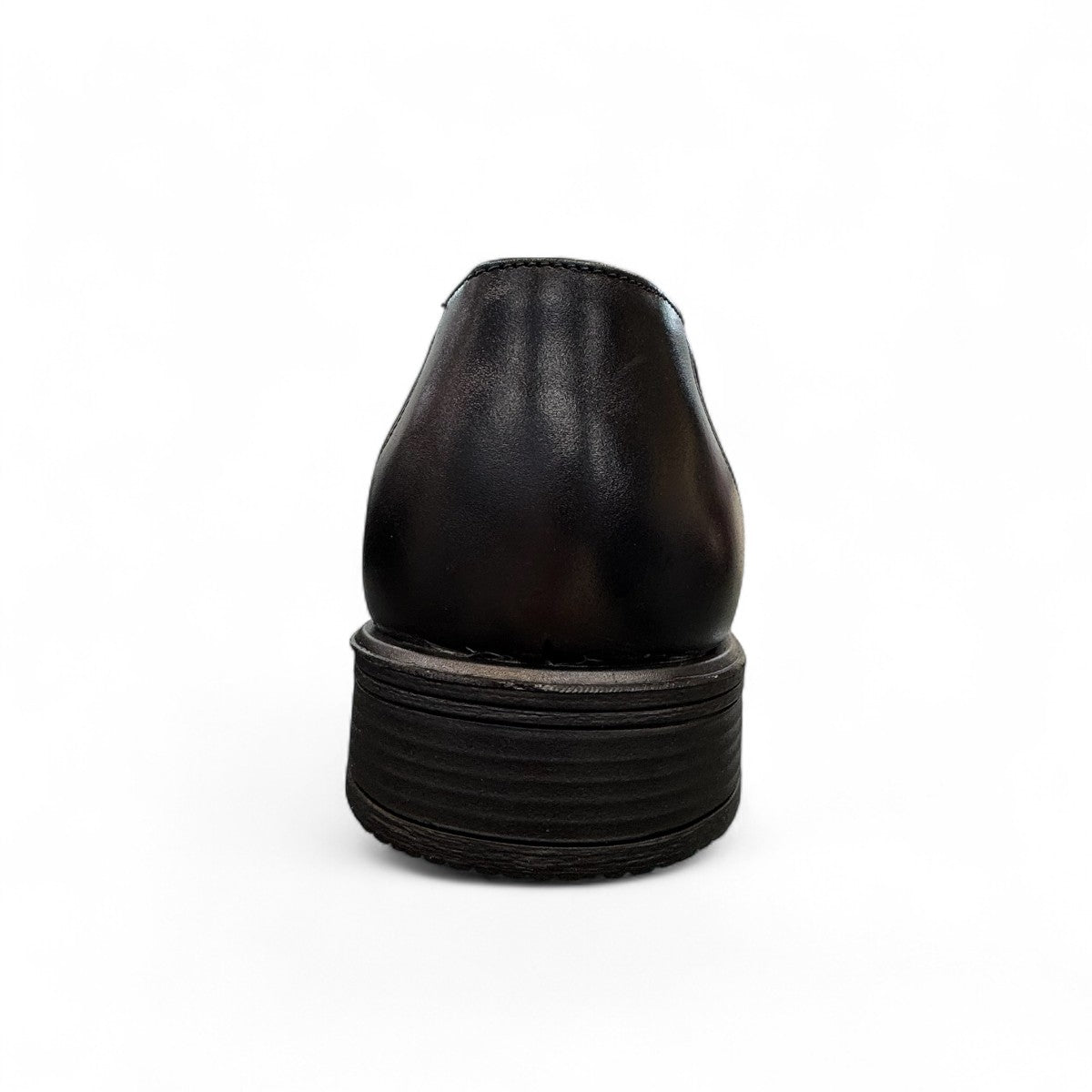 Sun Arad black leather slip-on shoes with woven texture detail and durable rubber outsole. Photo of back view.