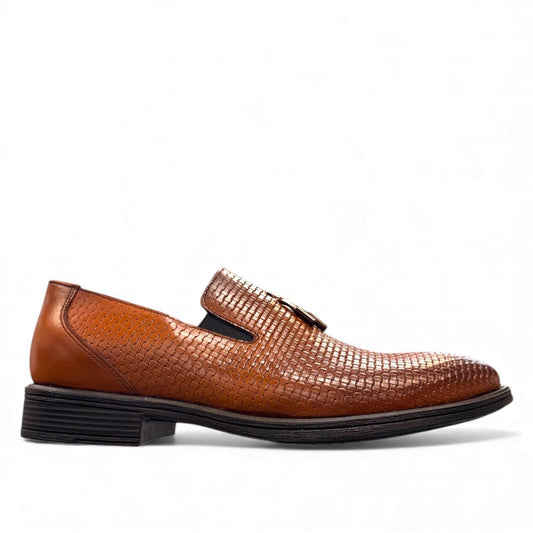 Sun Arad brown leather loafers with a woven texture, refined stitching, and a durable rubber outsole. Photo of left side view.
