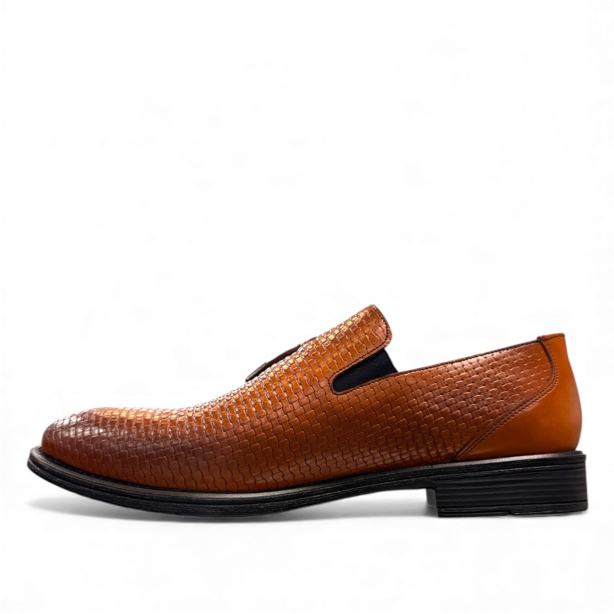 Sun Arad brown leather loafers with a woven texture, refined stitching, and a durable rubber outsole. Photo of right side view.