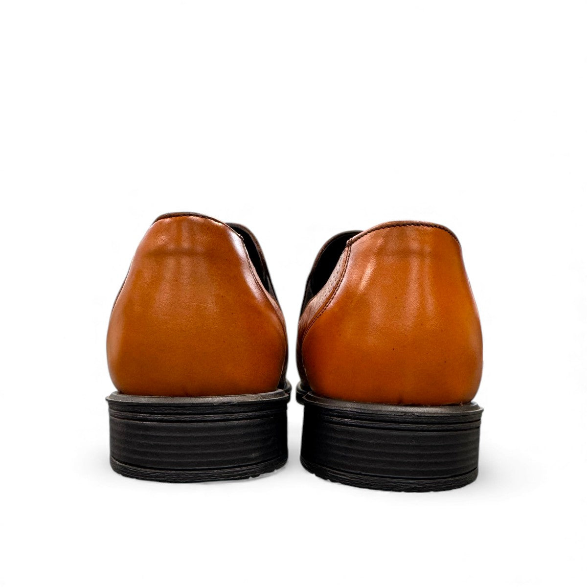 Sun Arad brown leather loafers with a woven texture, refined stitching, and a durable rubber outsole. Photo of back view.