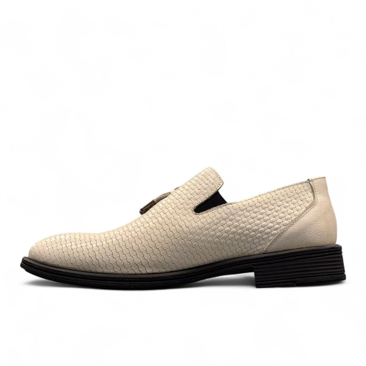 Sun Arad white genuine leather loafers with textured finish and durable rubber sole, side view. Photo of right side view.