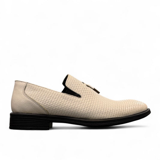 Sun Arad white genuine leather loafers with textured finish and durable rubber sole, side view. Photo of left side view.