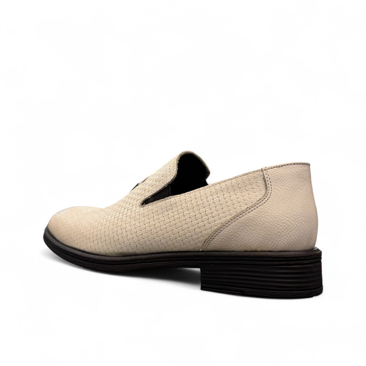 Sun Arad white genuine leather loafers with textured finish and durable rubber sole, side view. Photo of back view.