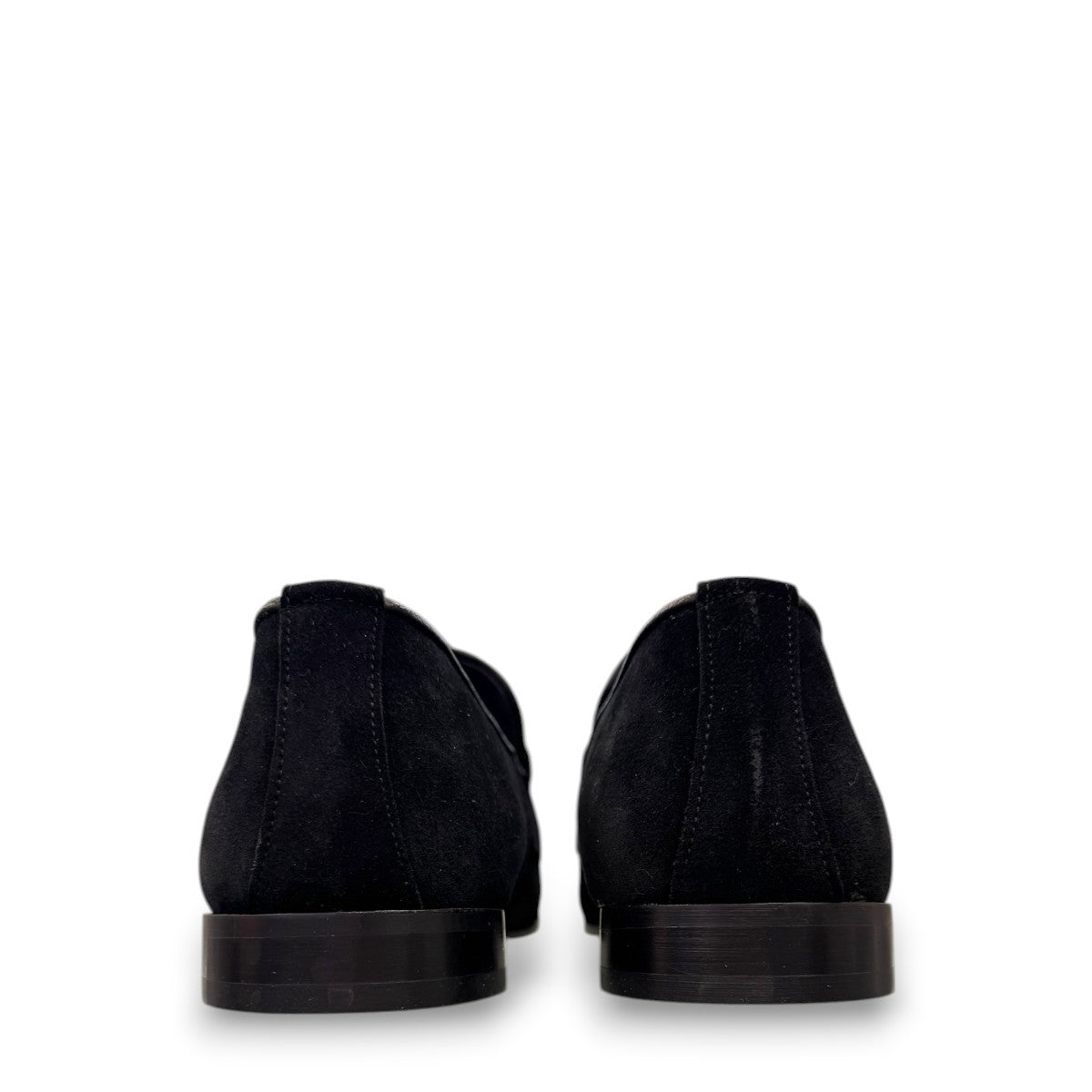 Sun Ashkan black suede loafer with a classic penny strap design and durable rubber outsole. Photo of back view.