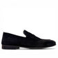 Sun Ashkan black suede loafer with a classic penny strap design and durable rubber outsole. Photo of outside side view.