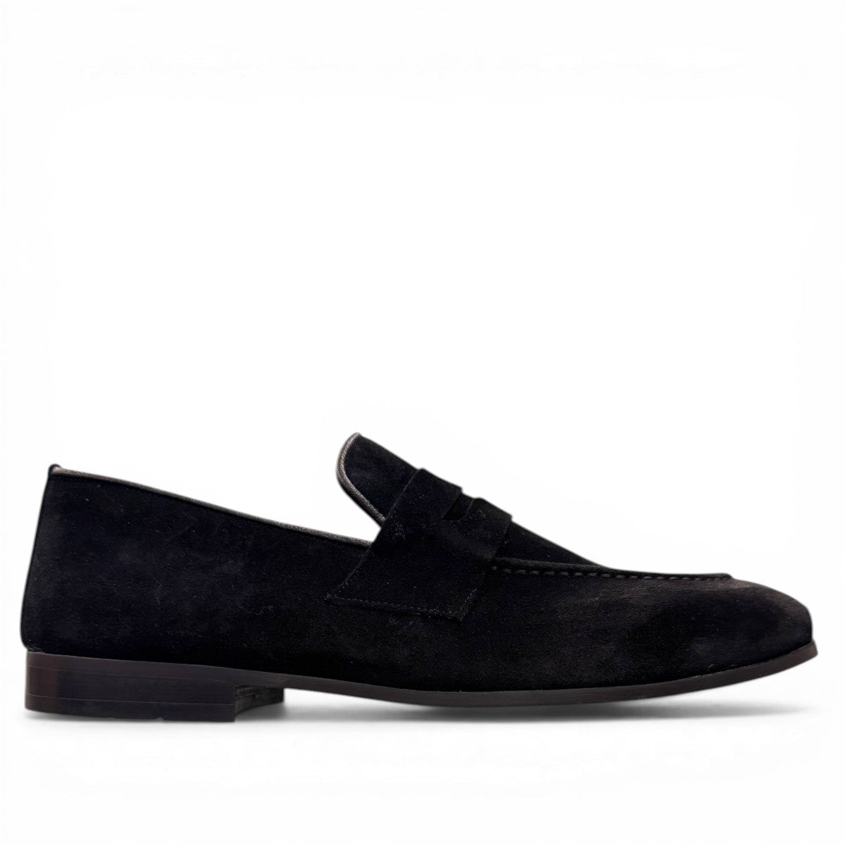 Sun Ashkan black suede loafer with a classic penny strap design and durable rubber outsole. Photo of outside side view.