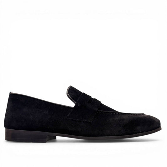 Sun Ashkan black suede loafer with a classic penny strap design and durable rubber outsole. Photo of outside side view.