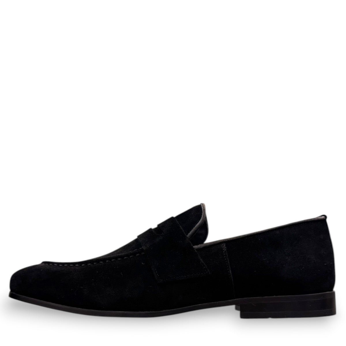 Sun Ashkan black suede loafer with a classic penny strap design and durable rubber outsole. Photo of inside side view.