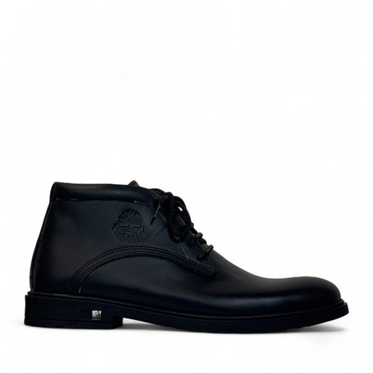 Sun Farshid black leather lace-up boot with a durable rubber outsole and embossed logo detail. Photo of side view 1.