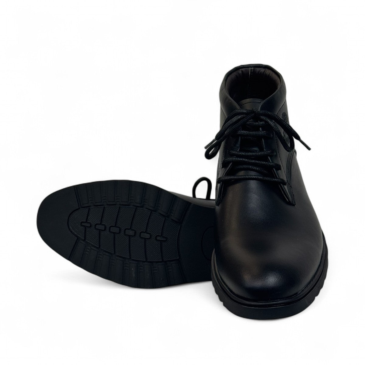 Sun Farshid black leather lace-up boot with a durable rubber outsole and embossed logo detail. Photo of upper and bottom view.