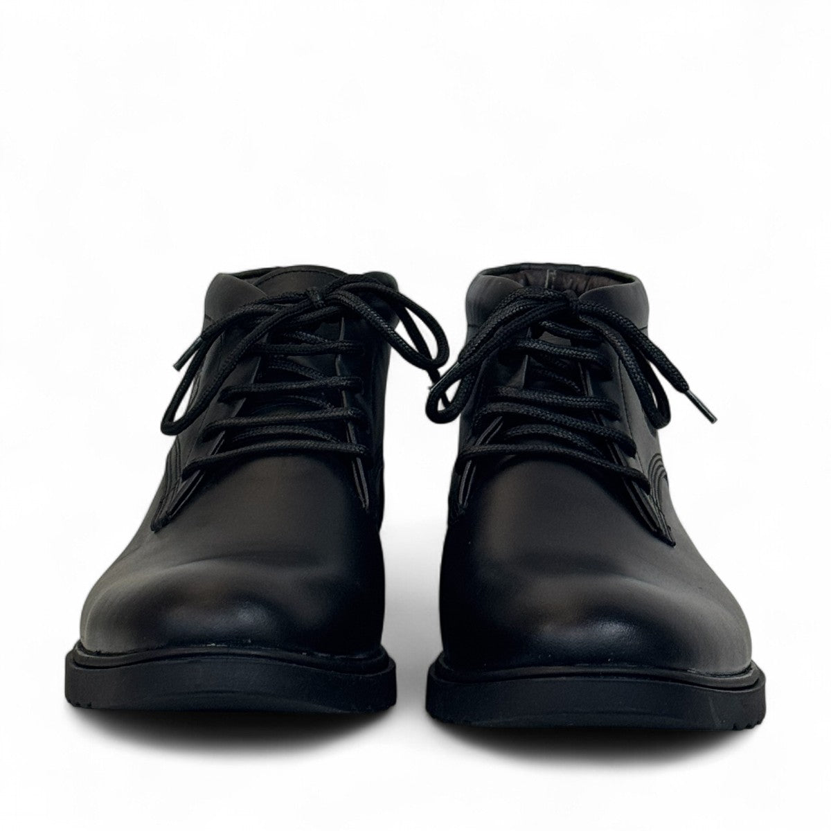 Sun Farshid black leather lace-up boot with a durable rubber outsole and embossed logo detail. Photo of front view.