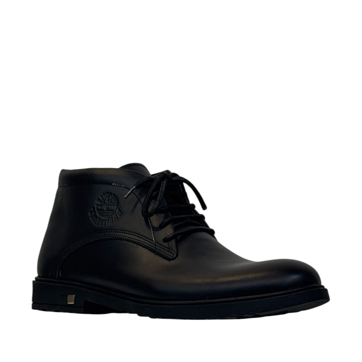 Sun Farshid black leather lace-up boot with a durable rubber outsole and embossed logo detail. Photo of side view 2.