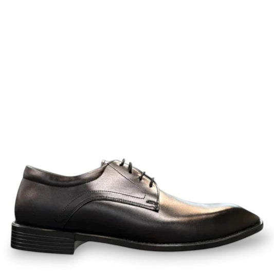 Sun Mahour black genuine leather lace-up dress shoe with a durable rubber outsole. Photo of outside side view.