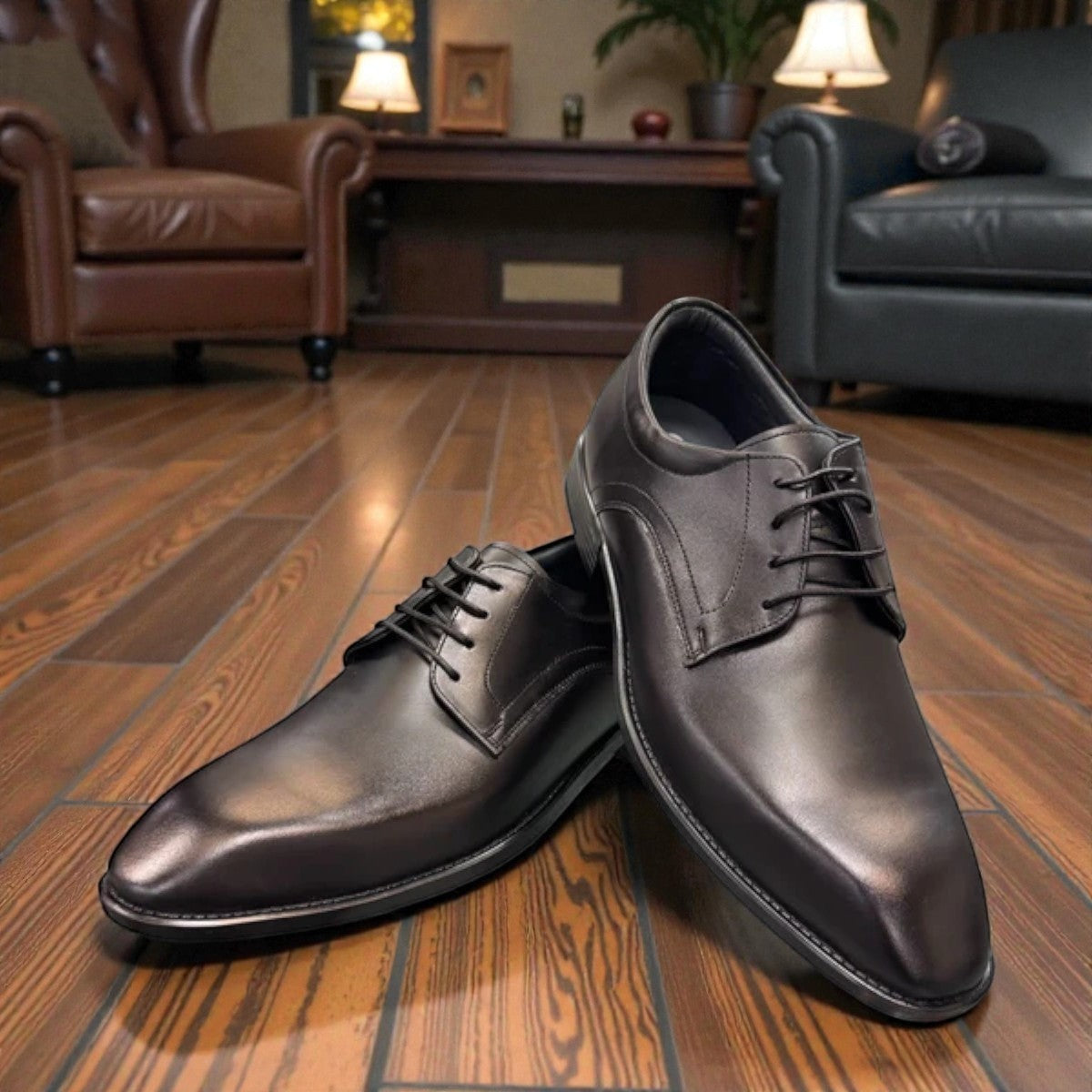 Sun Mahour black genuine leather lace-up dress shoe with a durable rubber outsole. Photo of front view 1.