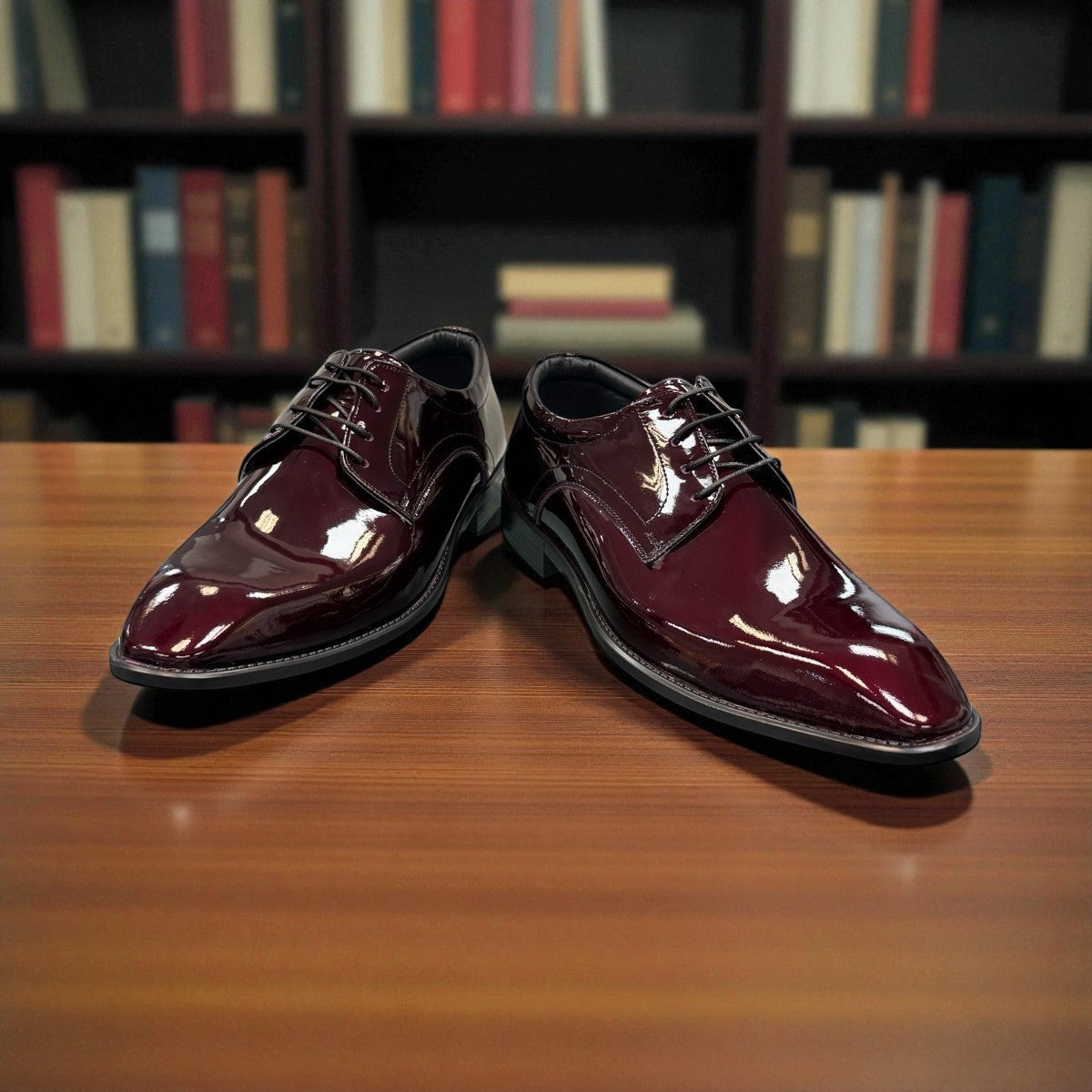 Sun Mahour red patent leather lace-up formal dress shoe with a polished finish and rubber outsole. Photo of front view 2.