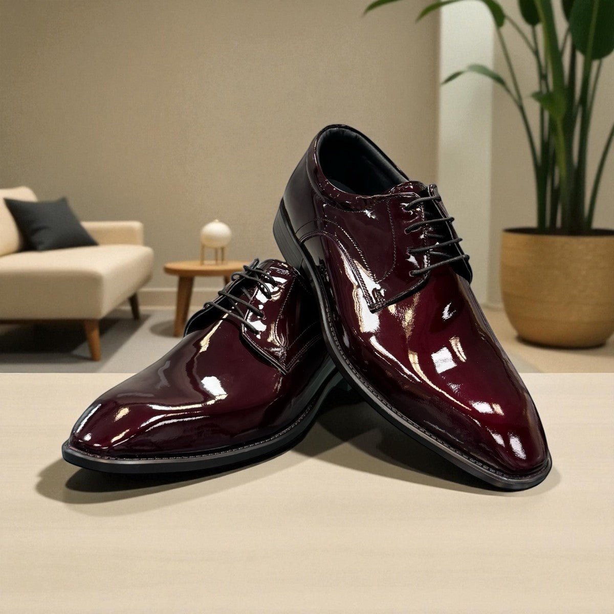 Sun Mahour red patent leather lace-up formal dress shoe with a polished finish and rubber outsole. Photo of front view 1.