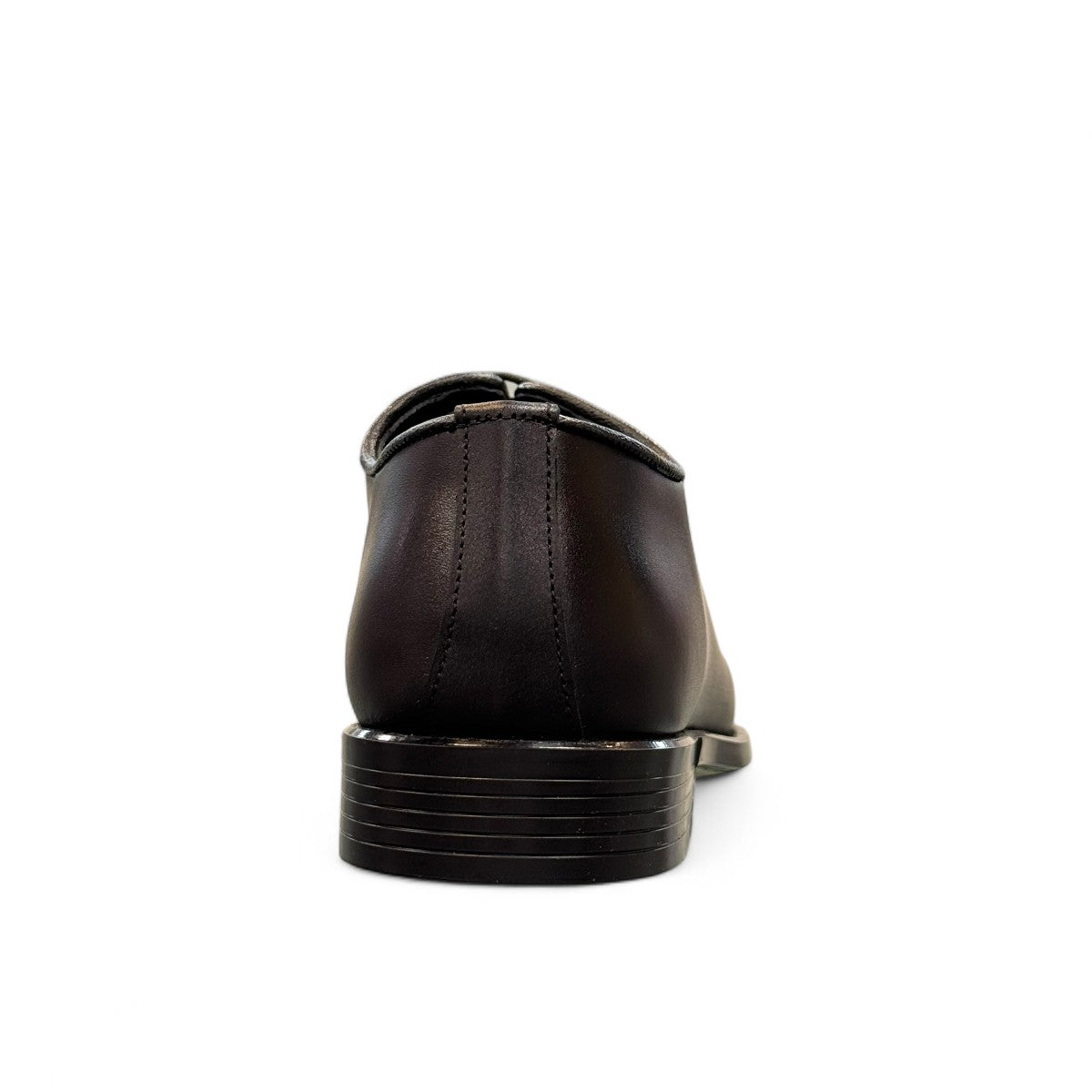 Sun Makan black genuine leather lace-up formal shoe with handmade stitching and rubber outsole. Photo of back view.