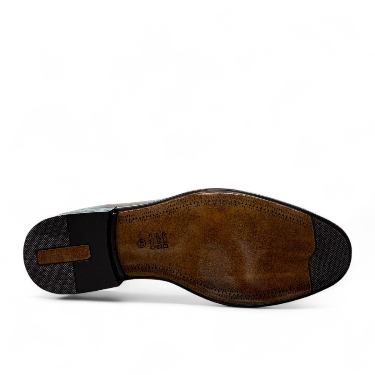Sun Makan black genuine leather lace-up formal shoe with handmade stitching and rubber outsole. Photo of bottom view.