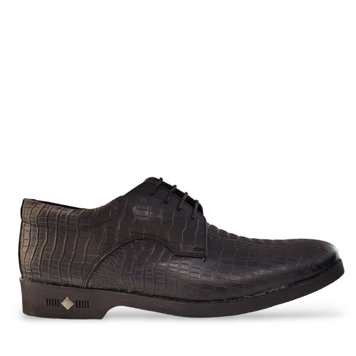 Sun Mehrab black genuine leather lace-up dress shoe with crocodile-embossed texture and rubber sole. Photo of side view.