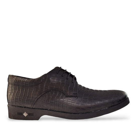Sun Mehrab black genuine leather lace-up dress shoe with crocodile-embossed texture and rubber sole. Photo of side view.