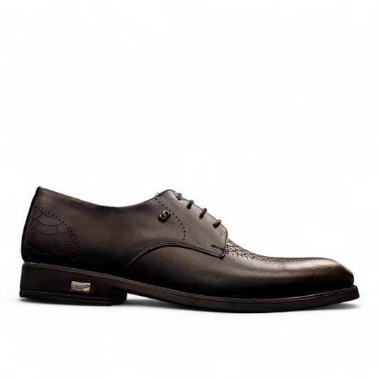 Sun Radmehr black leather lace-up dress shoe with textured heel and side detail. Photo of left side view.