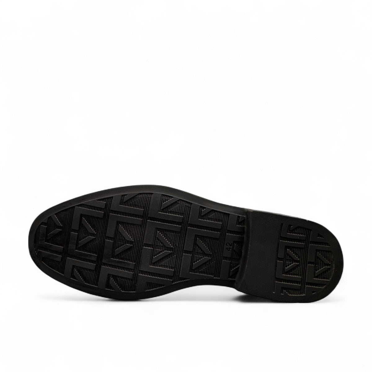 Sun Radmehr black leather lace-up dress shoe with textured heel and side detail. Photo of bottom view.
