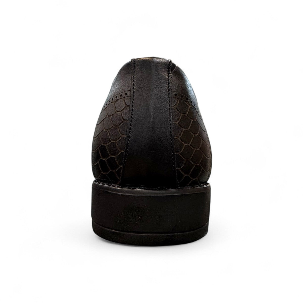 Sun Radmehr black leather lace-up dress shoe with textured heel and side detail. Photo of back view.