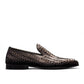 Sun Roniya black leather loafers featuring intricate handmade woven detailing and a rubber outsole. Photo of outside side view.