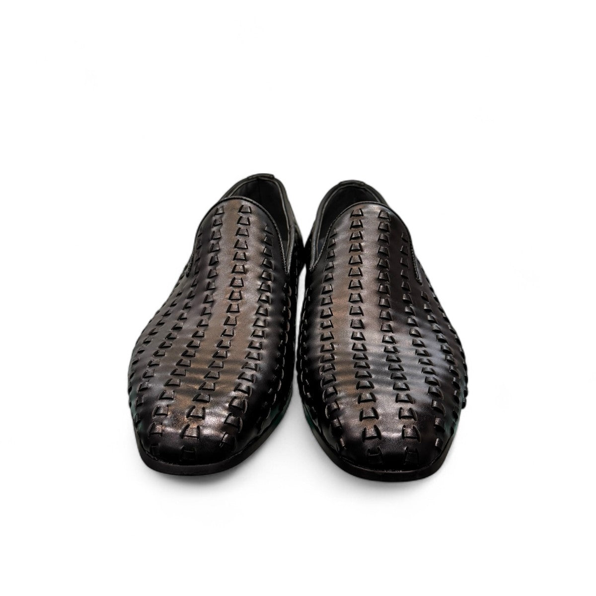 Sun Roniya black leather loafers featuring intricate handmade woven detailing and a rubber outsole. Photo of front view 2.