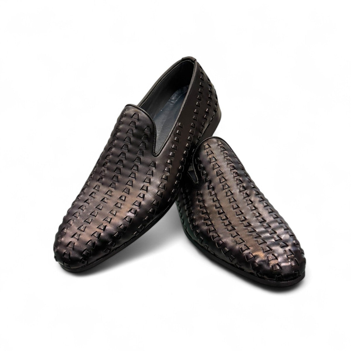 Sun Roniya black leather loafers featuring intricate handmade woven detailing and a rubber outsole. Photo of front view 1.