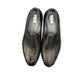Sun Roniya black leather loafers featuring intricate handmade woven detailing and a rubber outsole. Photo of upper view.