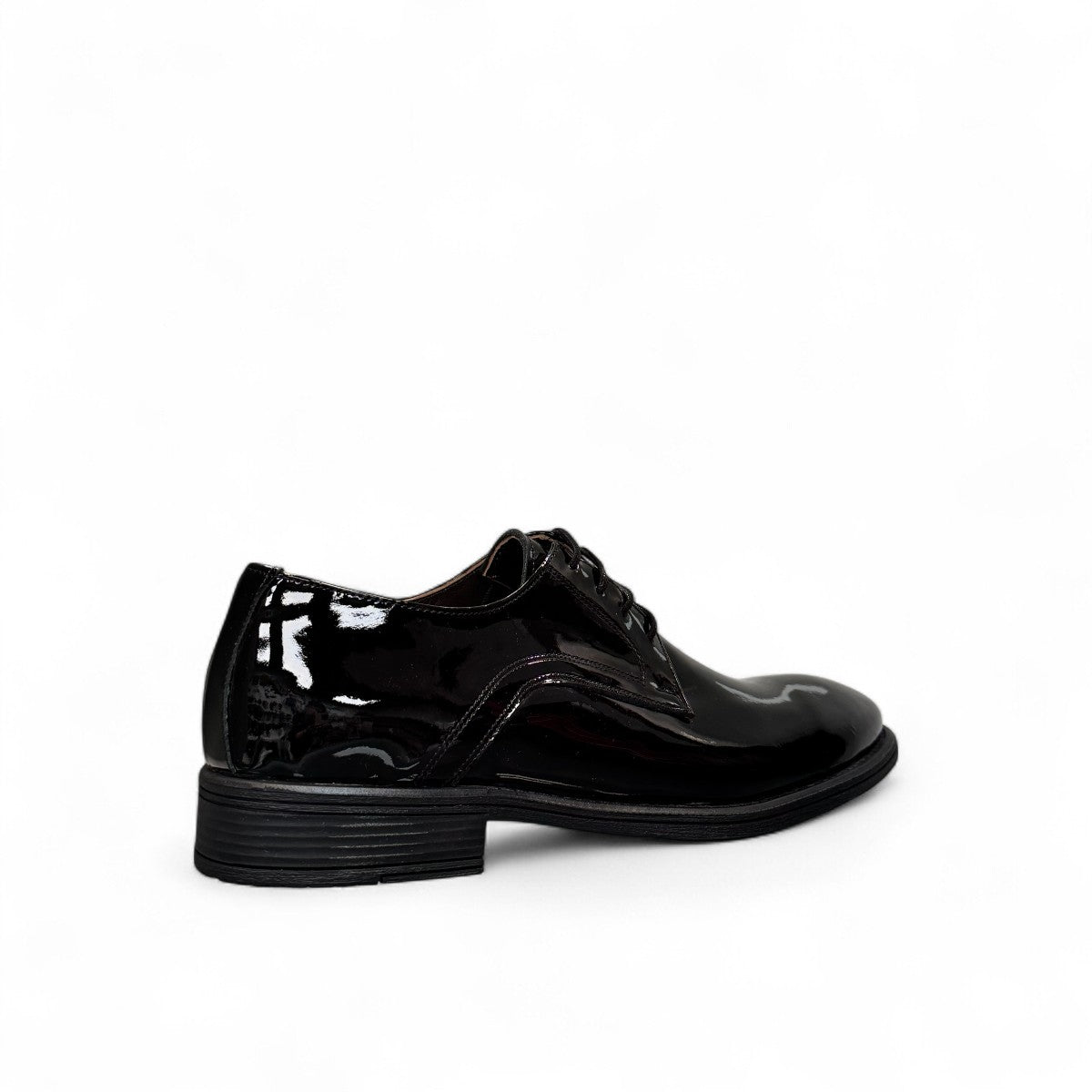 Sun Vali black patent leather lace-up dress shoe with refined stitching and durable rubber outsole. Photo of back view from a side angle.