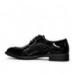 Sun Vali black patent leather lace-up dress shoe with refined stitching and durable rubber outsole. Photo of inside side view.