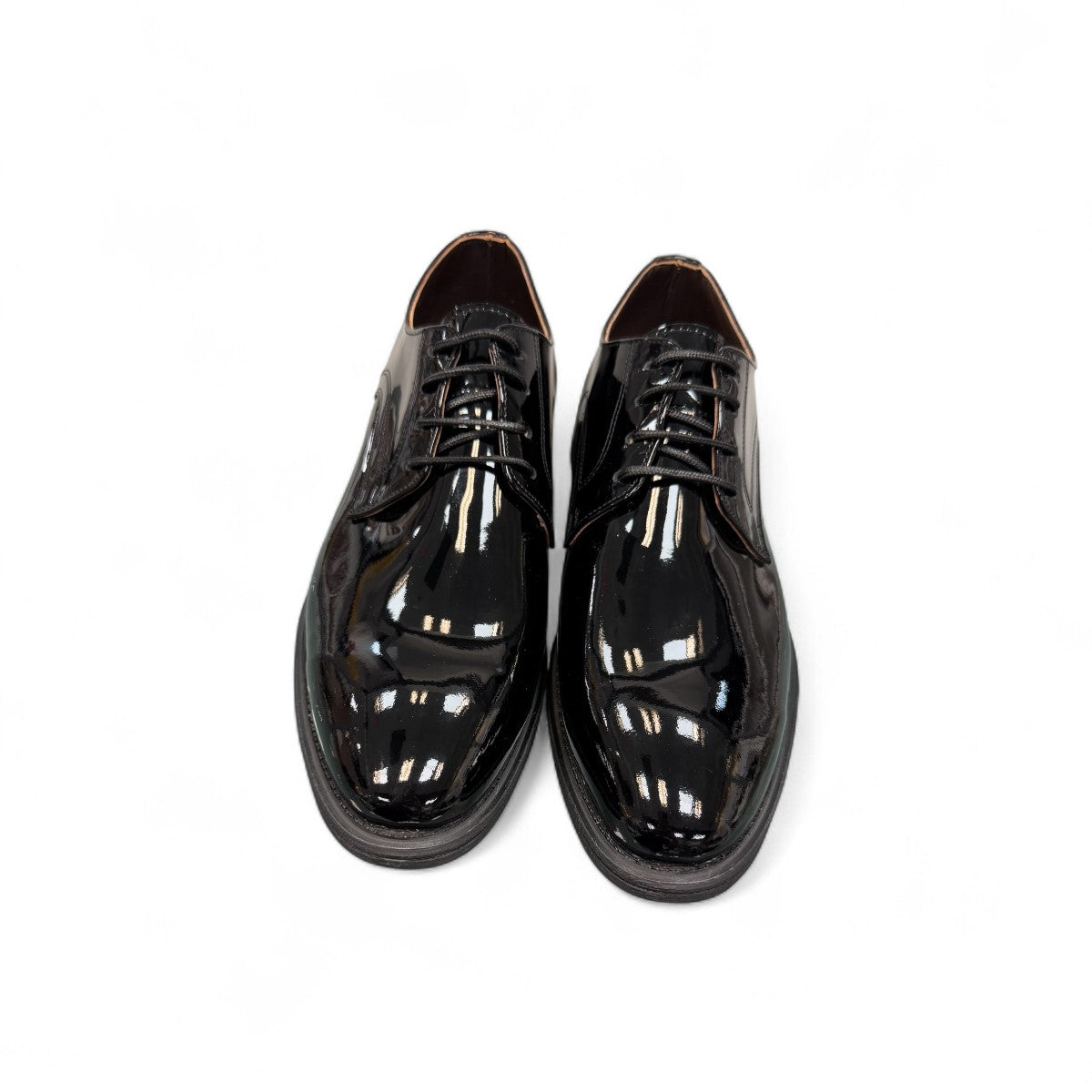 Sun Vali black patent leather lace-up dress shoe with refined stitching and durable rubber outsole. Photo of upper view.