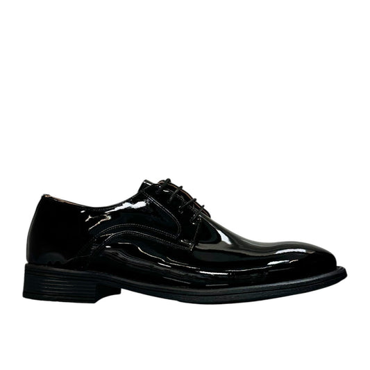 Sun Vali black patent leather lace-up dress shoe with refined stitching and durable rubber outsole. Photo of outside side view.