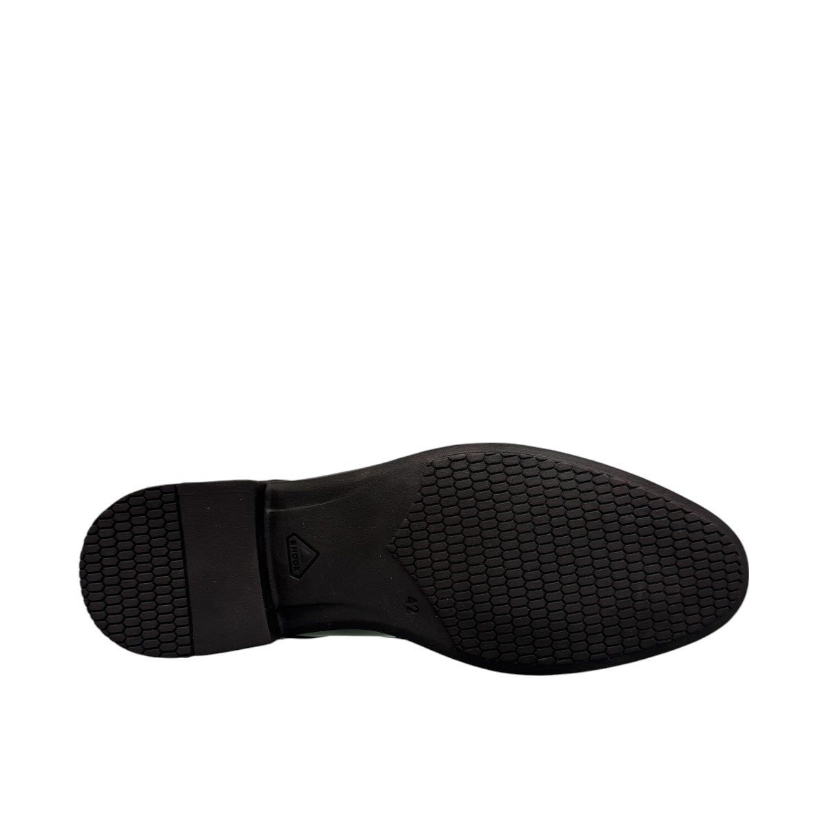 Sun Vali black patent leather lace-up dress shoe with refined stitching and durable rubber outsole. Photo of bottom view.