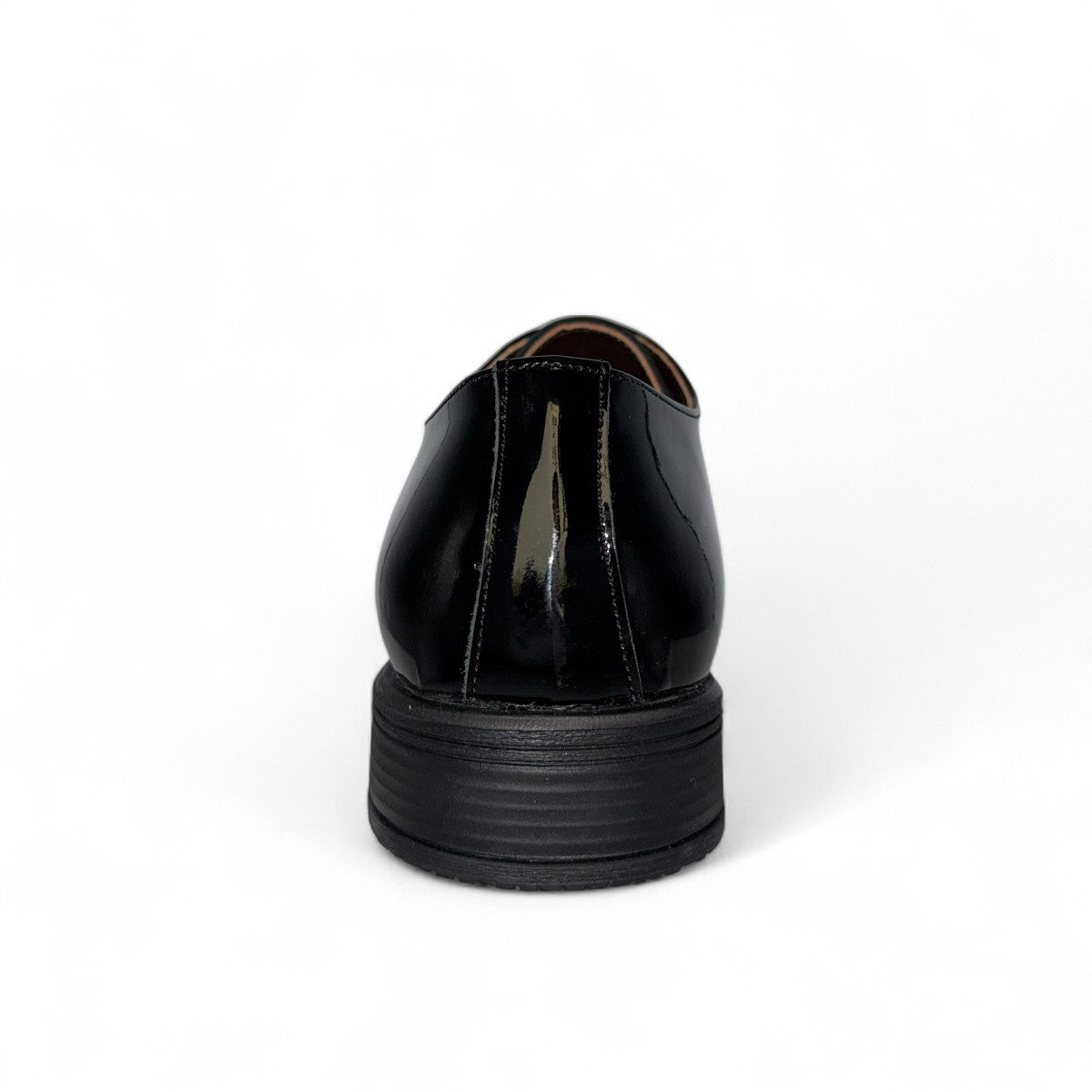 Sun Vali black patent leather lace-up dress shoe with refined stitching and durable rubber outsole. Photo of back view.
