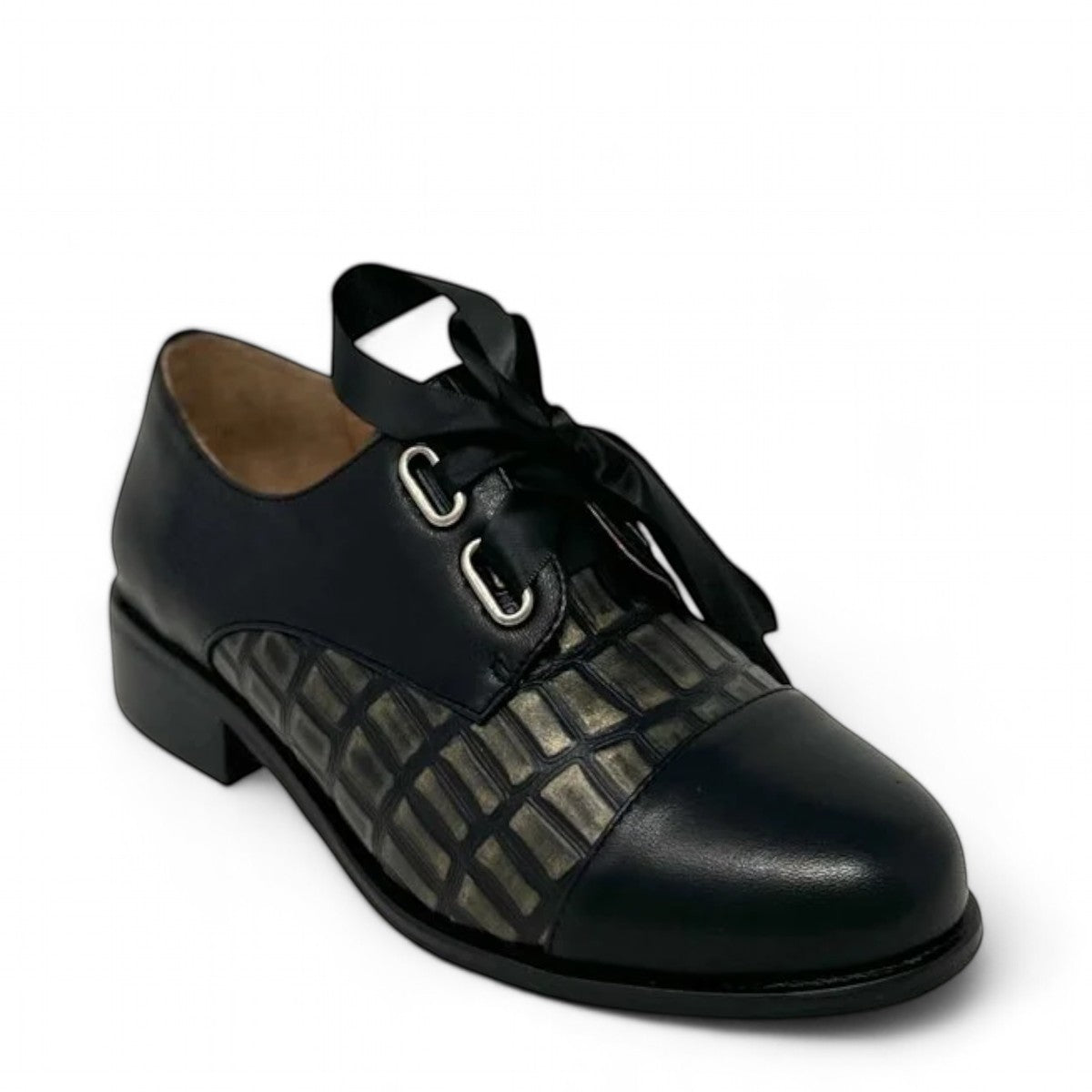 Tamara London Avit black and bronze leather shoe with ribbon lace-up detail