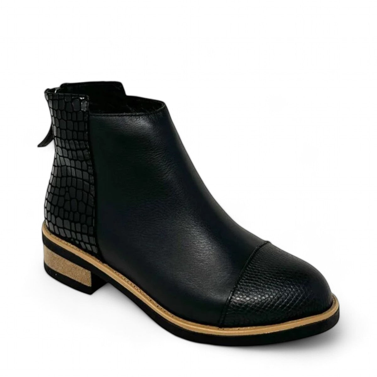 Tamara London Duck black two-tone ankle boot with croc-embossed heel and stacked wood sole