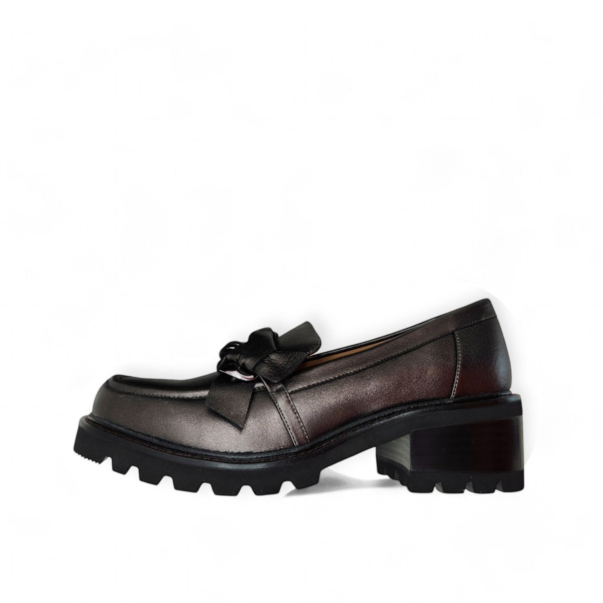 Tamara London Dobbie metallic black chunky loafer with decorative ribbon and jewelry detail
