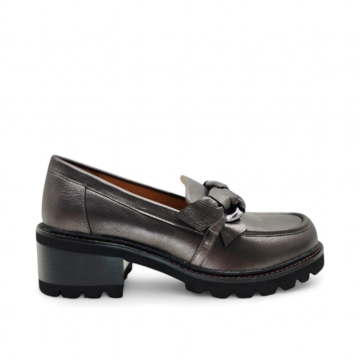 Tamara London Dobbie metallic black chunky loafer with decorative ribbon and jewelry detail