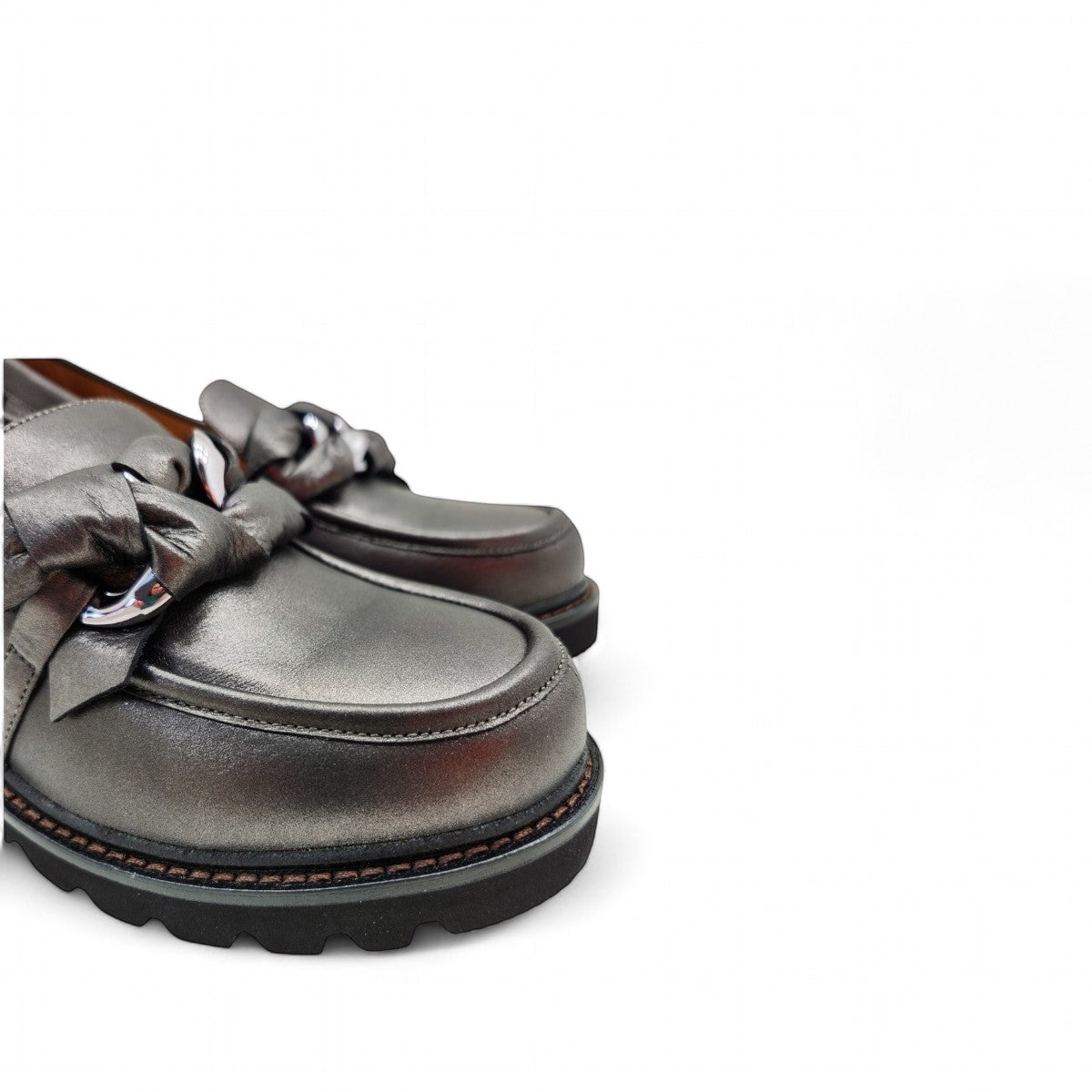 Tamara London Dobbie metallic black chunky loafer with decorative ribbon and jewelry detail