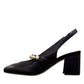 Tamara London Drax black leather slingback heels with pearl embellishment and a comfortable block heel.