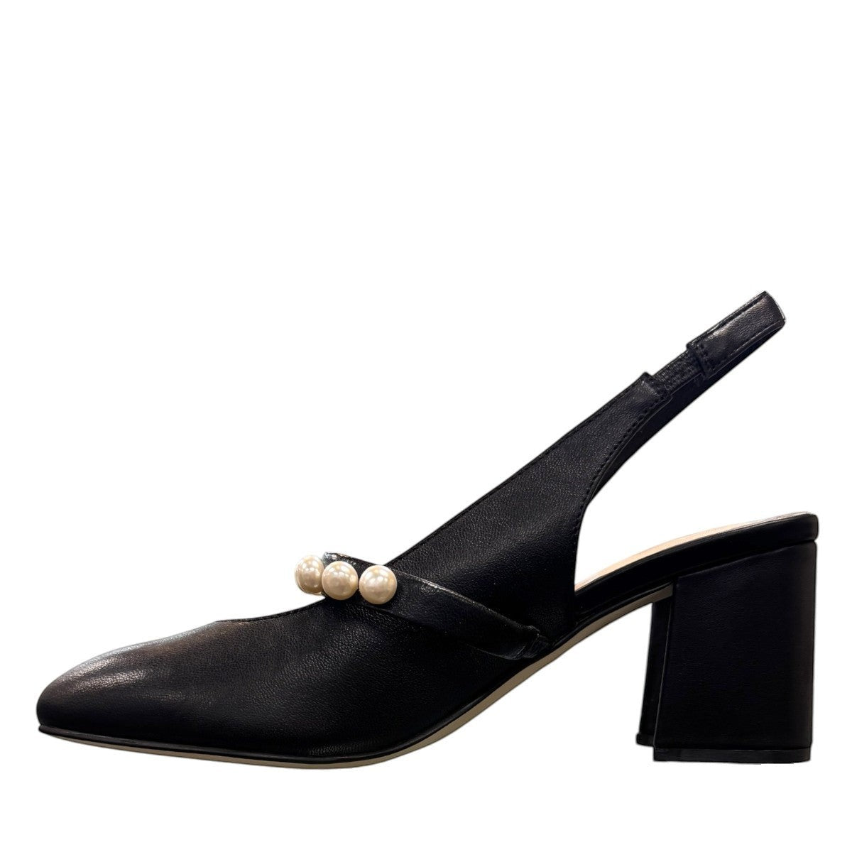 Tamara London Drax black leather slingback heels with pearl embellishment and a comfortable block heel.