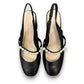 Tamara London Drax black leather slingback heels with pearl embellishment and a comfortable block heel.
