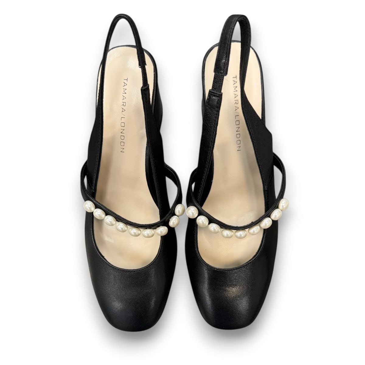 Tamara London Drax black leather slingback heels with pearl embellishment and a comfortable block heel.